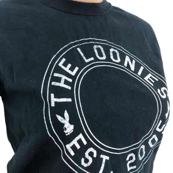 Gildan SMALL Women's Black Distressed The Loonies Crop Short Sleeve Tee Shirt - Picture 3 of 5